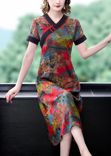 Slim Fit Red V Neck Print Chinese Button Silk Dresses Summer LY1687