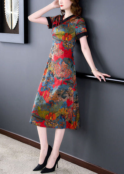 Slim Fit Red V Neck Print Chinese Button Silk Dresses Summer LY1687