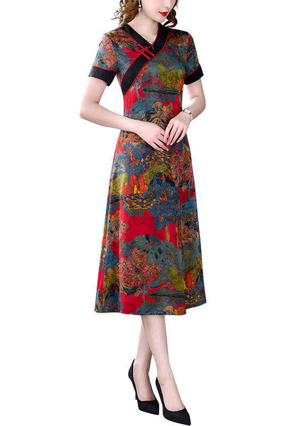 Slim Fit Red V Neck Print Chinese Button Silk Dresses Summer LY1687