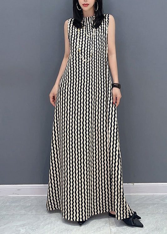 Slim Fit Stand Collar Striped Tie Waist Maxi Dress Summer LC0314