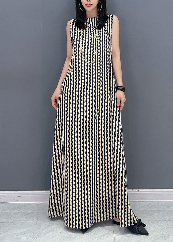 Slim Fit Stand Collar Striped Tie Waist Maxi Dress Summer LC0314