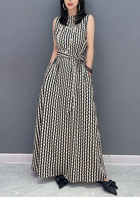 Slim Fit Stand Collar Striped Tie Waist Maxi Dress Summer LC0314