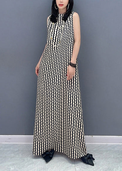 Slim Fit Stand Collar Striped Tie Waist Maxi Dress Summer LC0314