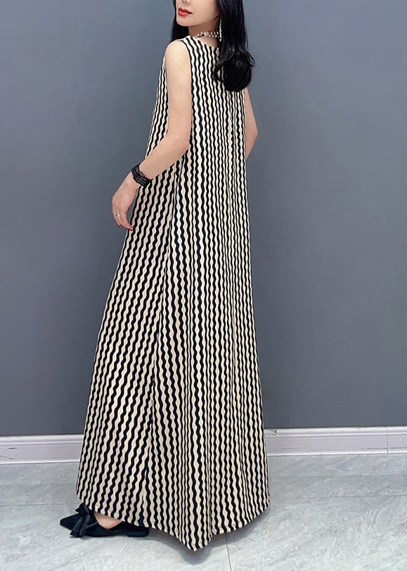 Slim Fit Stand Collar Striped Tie Waist Maxi Dress Summer LC0314