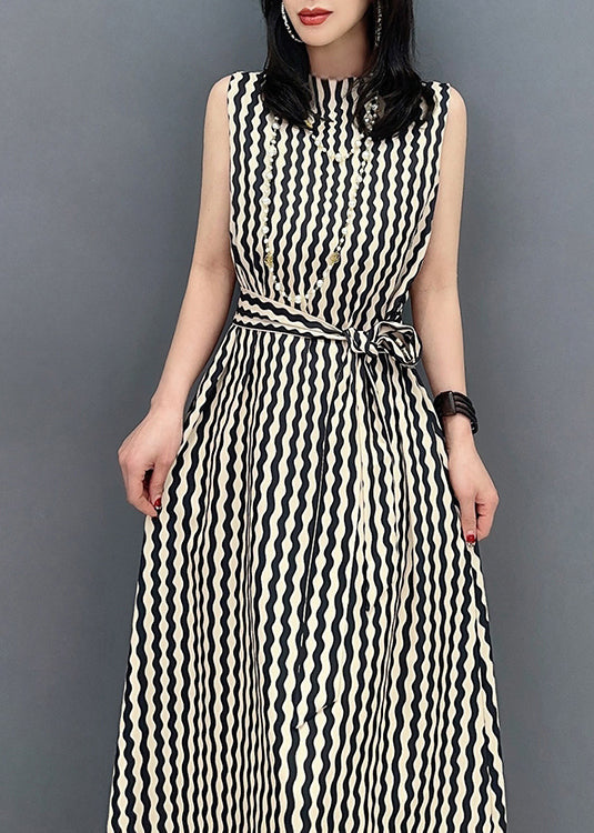 Slim Fit Stand Collar Striped Tie Waist Maxi Dress Summer