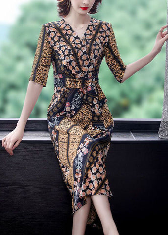 Slim Fit V Neck Cinched Print Chiffon Long Dress Summer LY1695