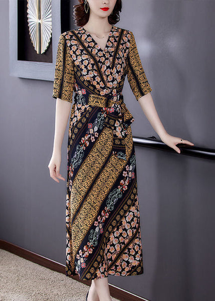 Slim Fit V Neck Cinched Print Chiffon Long Dress Summer LY1695