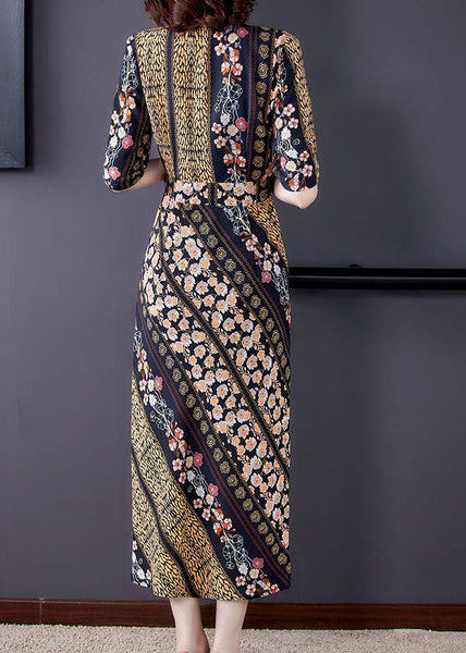 Slim Fit V Neck Cinched Print Chiffon Long Dress Summer LY1695