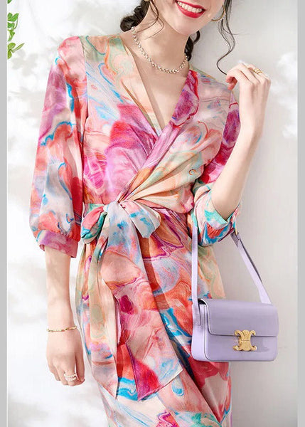 Slim Fit V Neck Print Tie Waist Silk Maxi Dresses Long Sleeve LY1534