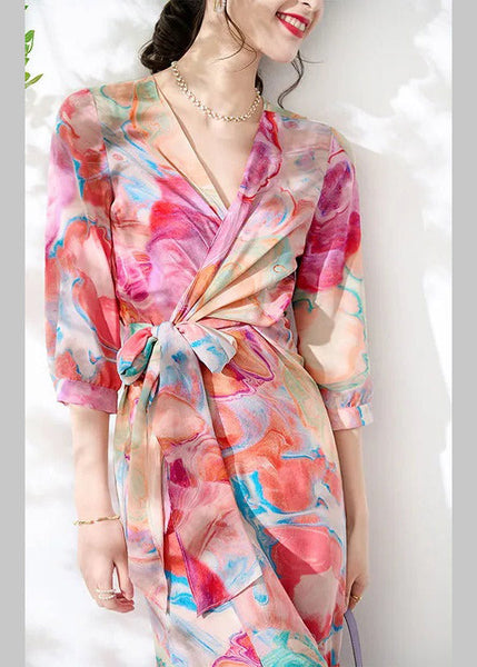 Slim Fit V Neck Print Tie Waist Silk Maxi Dresses Long Sleeve LY1534