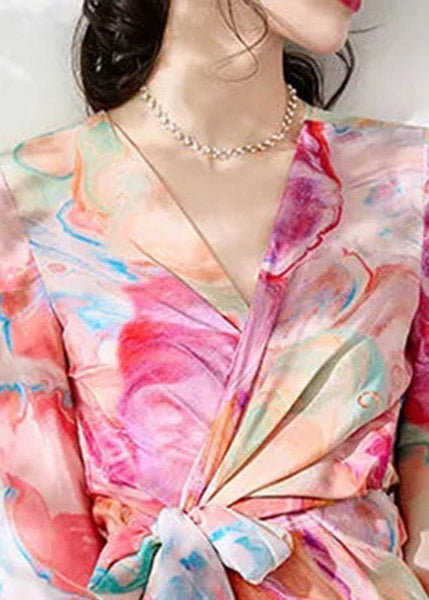 Slim Fit V Neck Print Tie Waist Silk Maxi Dresses Long Sleeve LY1534