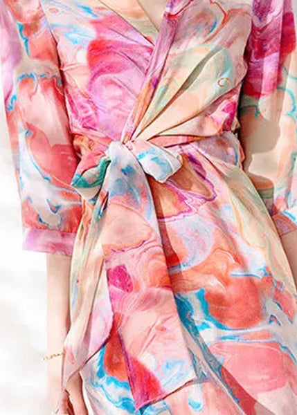 Slim Fit V Neck Print Tie Waist Silk Maxi Dresses Long Sleeve LY1534