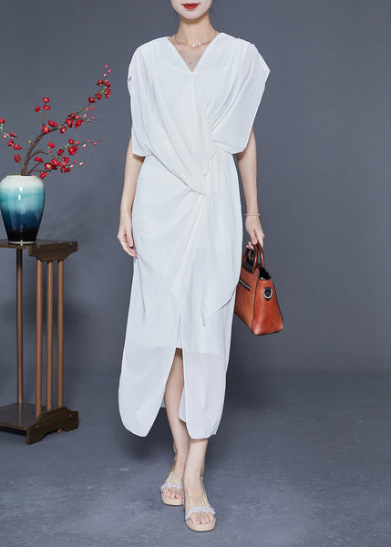 Slim Fit White V Neck Asymmetrical Cross Chiffon Holiday Dress Summer LY1774