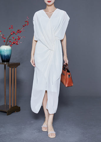 Slim Fit White V Neck Asymmetrical Cross Chiffon Holiday Dress Summer LY1774