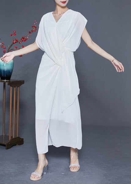 Slim Fit White V Neck Asymmetrical Cross Chiffon Holiday Dress Summer LY1774