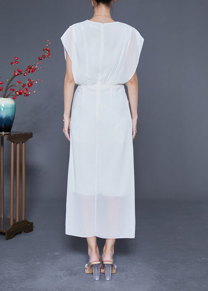 Slim Fit White V Neck Asymmetrical Cross Chiffon Holiday Dress Summer LY1774