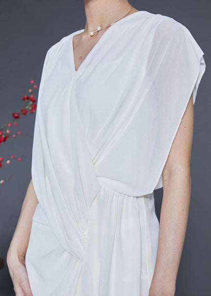 Slim Fit White V Neck Asymmetrical Cross Chiffon Holiday Dress Summer LY1774