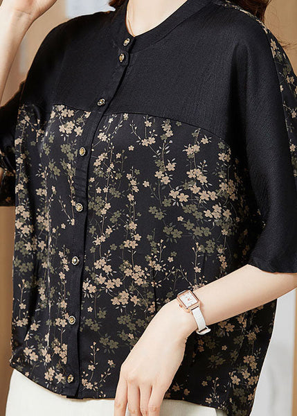 T-shirts en soie patchwork à petits motifs floraux, col rond, été LC0239