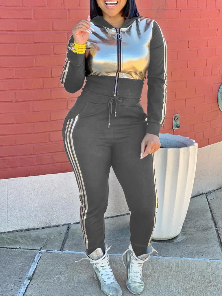 Plus Size Hooded Collar Striped Tracksuit Set AT9037