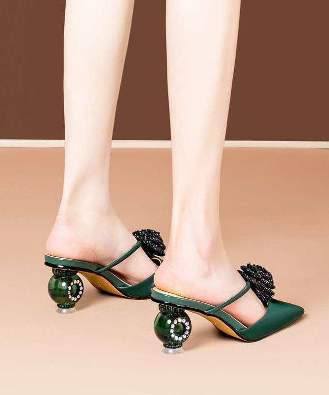 Soft Pointed Toe Chunky Green Floral Satin Upper Slide Sandals LC0167