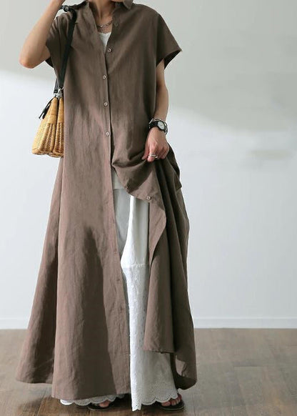 Solid Button Lapel Ruched Short Sleeve Maxi Shirt Dress Coffee LC0021