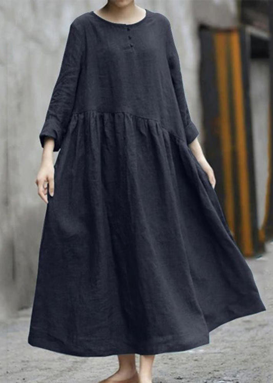 Solid Color Black Cotton Linen Long Sleeve Swing Long Dress LC0008