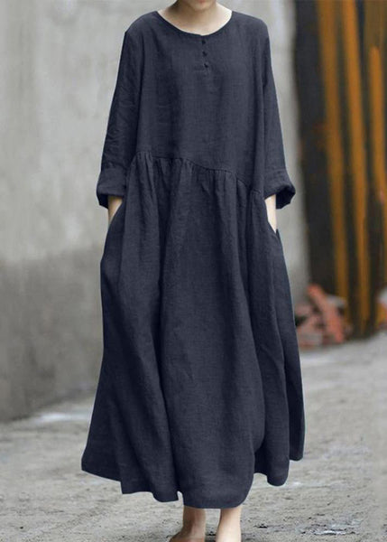 Solid Color Black Cotton Linen Long Sleeve Swing Long Dress LC0008