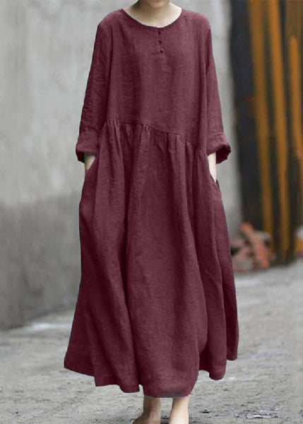 Solid Color Black Cotton Linen Long Sleeve Swing Long Dress LC0008