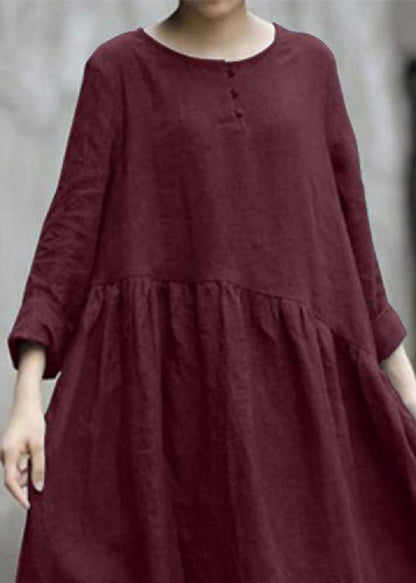 Solid Color Black Cotton Linen Long Sleeve Swing Long Dress LC0008