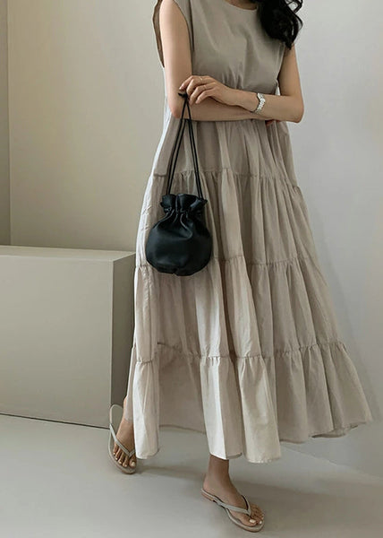 Solid Color Sleeveless V-neck Pleated Layered Lace Up Daily Casual Maxi Dress Apricot LC0016