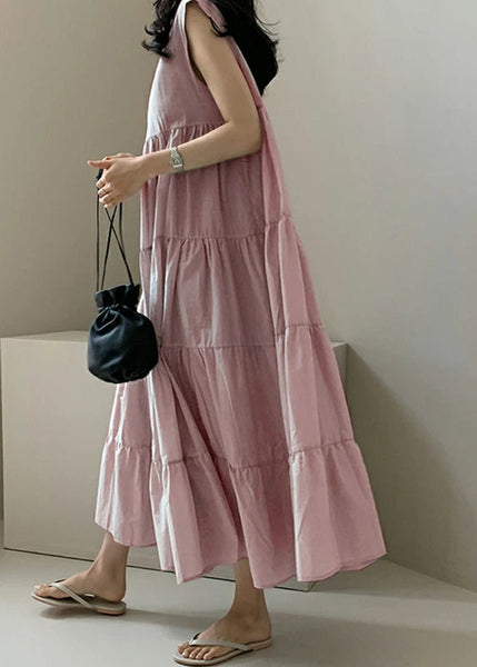 Solid Color Sleeveless V-neck Pleated Layered Lace Up Daily Casual Maxi Dress Apricot LC0016