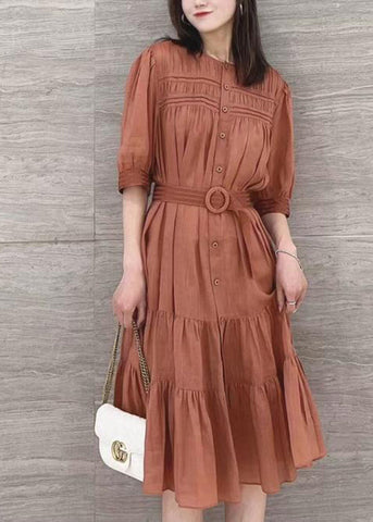 Solid Color Stand Collar Puff Sleeve Belted Pleated Shirt Maxi Dress Orange LC0026