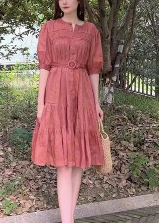 Solid Color Stand Collar Puff Sleeve Belted Pleated Shirt Maxi Dress Orange LC0026