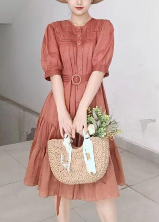 Solid Color Stand Collar Puff Sleeve Belted Pleated Shirt Maxi Dress Orange LC0026