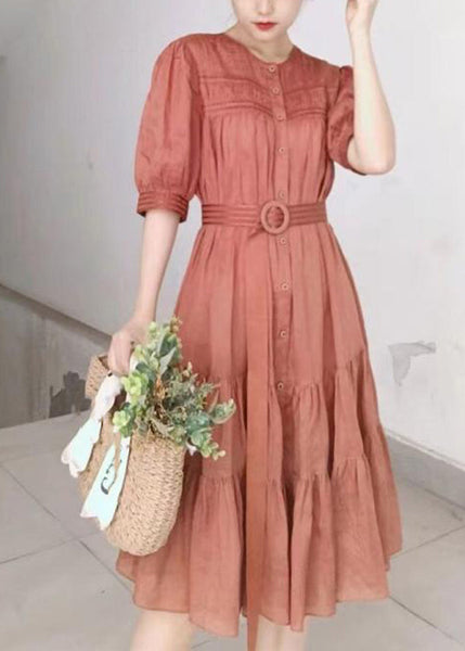 Solid Color Stand Collar Puff Sleeve Belted Pleated Shirt Maxi Dress Orange LC0026