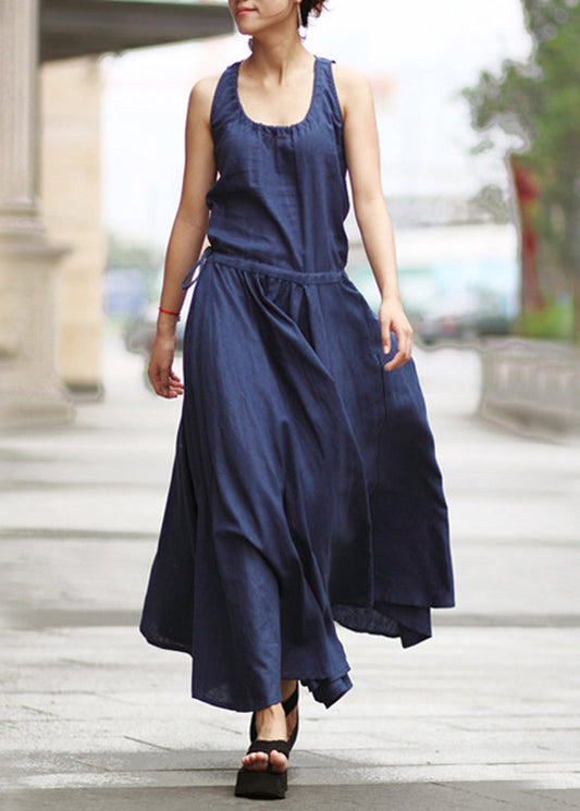 Solid Drawstring Ruched Sleeveless Casual Maxi Dress Navy LC0044