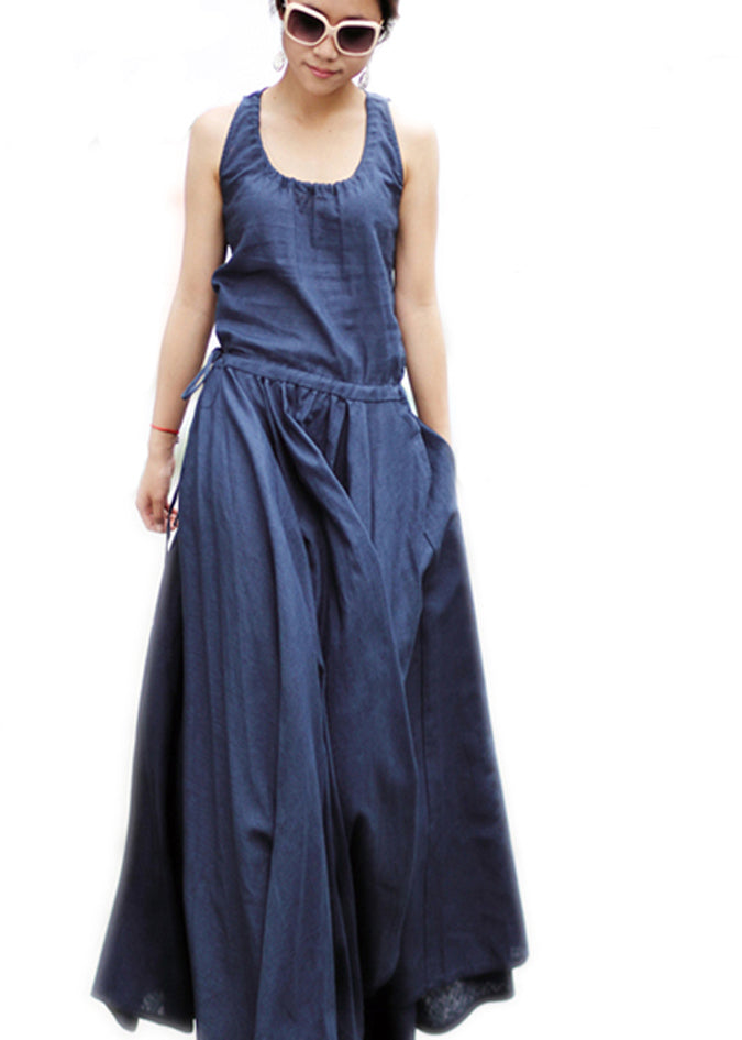 Solid Drawstring Ruched Sleeveless Casual Maxi Dress Navy LC0044