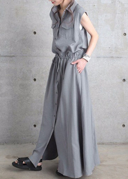 Solid Drawstring Waist Pocket Button Front Maxi Cargo Dress Black LC0025