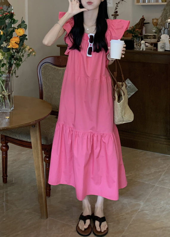 Solid Ruffle Backless Square Collar Casual Maxi Dress Pink LC0037