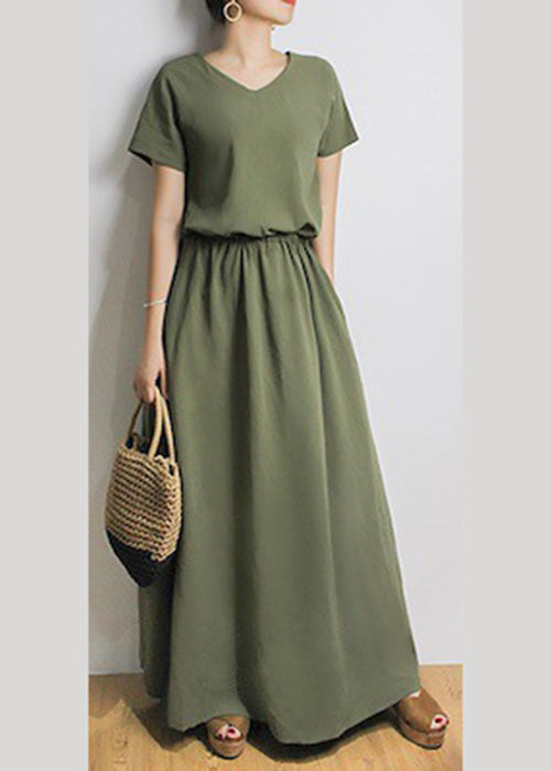 Solid Sash Elastic Waist Short Sleeve Casual Maxi Dress Green LC0023