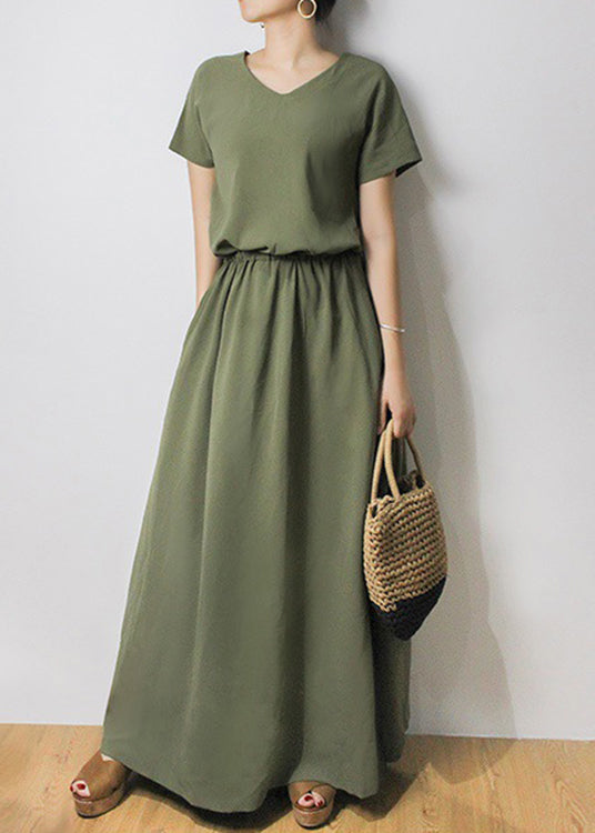 Solid Sash Elastic Waist Short Sleeve Casual Maxi Dress Green LC0023