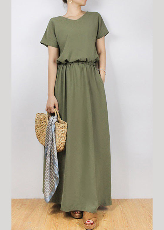 Solid Sash Elastic Waist Short Sleeve Casual Maxi Dress Green LC0023