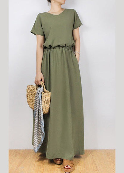 Solid Sash Elastic Waist Short Sleeve Casual Maxi Dress Green LC0023