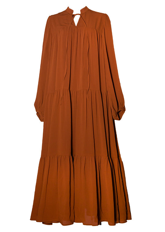 Solid Slit Tie Front Long Sleeve V Neck Casual Dress Caramel LC0028