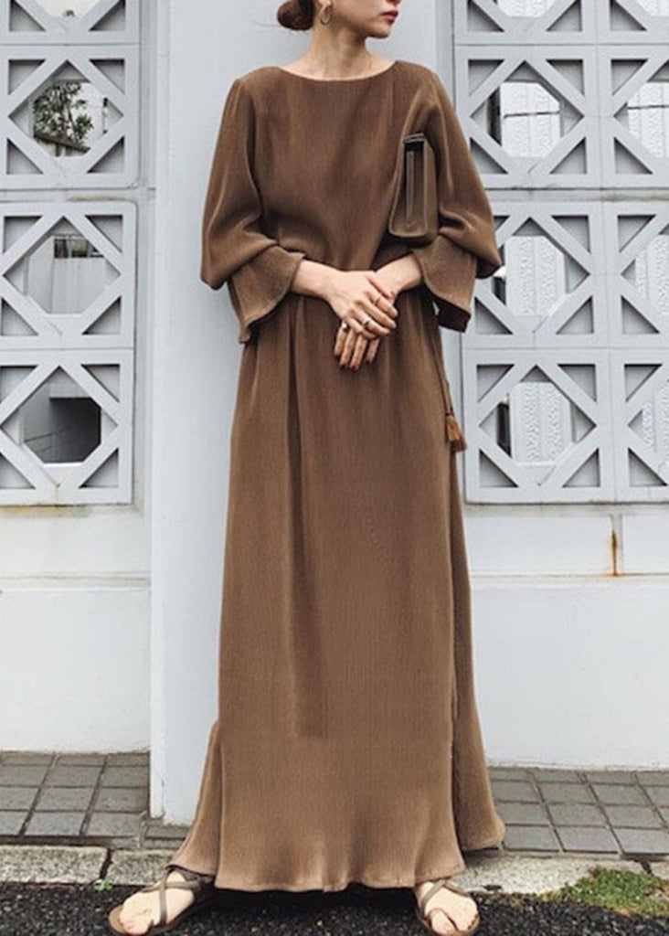 Solid Split Long Sleeve Round Neck Casual Maxi Dress Chocolate LC0024