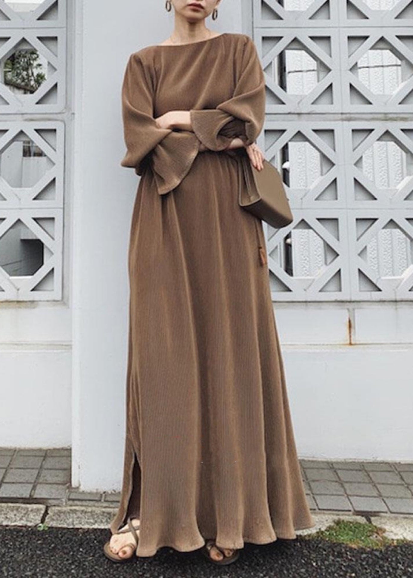 Solid Split Long Sleeve Round Neck Casual Maxi Dress Chocolate LC0024