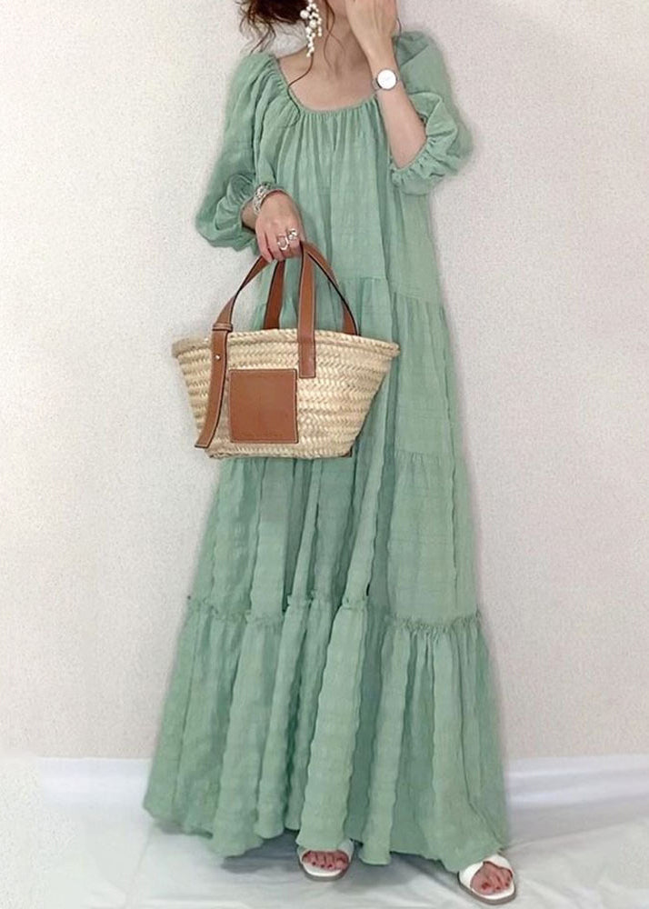 Solid Square Collar Ruffle Casual Maxi Dress Light Green LC0022