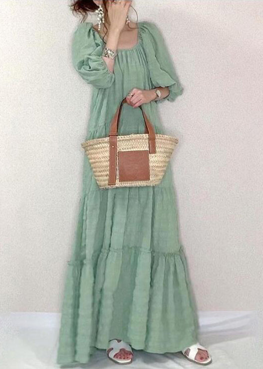 Solid Square Collar Ruffle Casual Maxi Dress Light Green LC0022