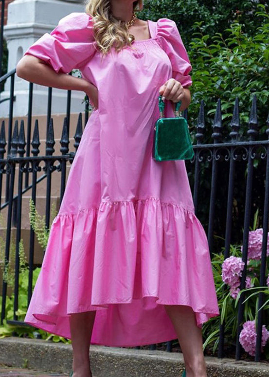 Square Neck Solid Color Puff Sleeve Ruffles Hem Casual Maxi Dress For Women Rose LC0033