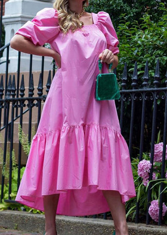 Square Neck Solid Color Puff Sleeve Ruffles Hem Casual Maxi Dress For Women Rose LC0033